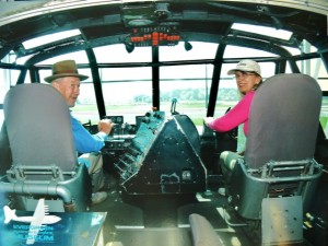 At the cockpit controls of Howard Hughes Spruce Goose at the museum in McMinnville, Oregon